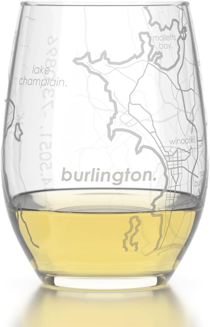 Well Told Engraved Burlington Vermont Map Stemless Wine Glass, Etched Glass (15 oz, Clear) City Custom Gifts for Lovers