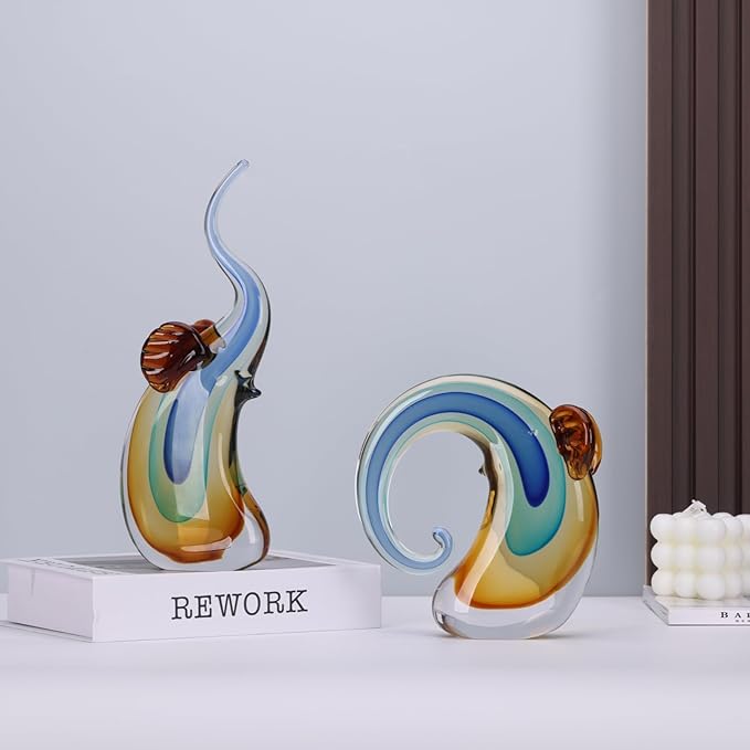 suruim Hand Blown Murano Glass Elephant Statues Set - Luxury Sculptures Home Decor for Living Room & Office Art Glass Ornament Animal Collectible (Blue)