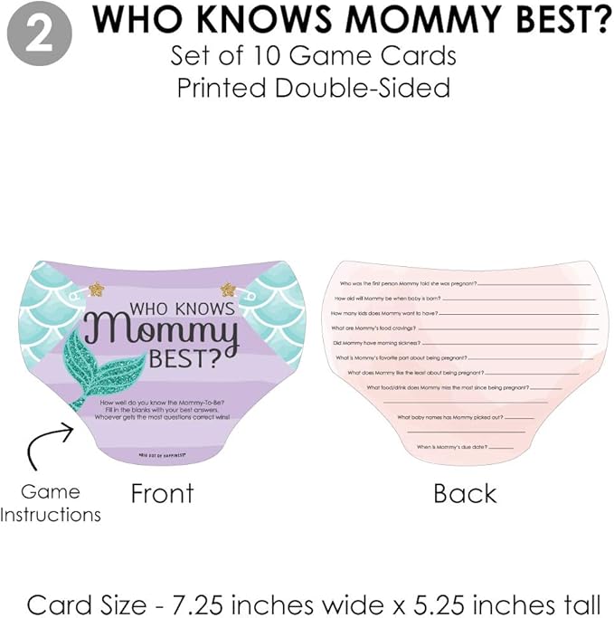 Big Dot of Happiness Let’s Be Mermaids - 4 Baby Shower Games - 10 Cards Each - Who Knows Mommy Best, Mommy or Daddy Quiz, What’s in Your Purse and Oh Baby - Gamerific Bundle