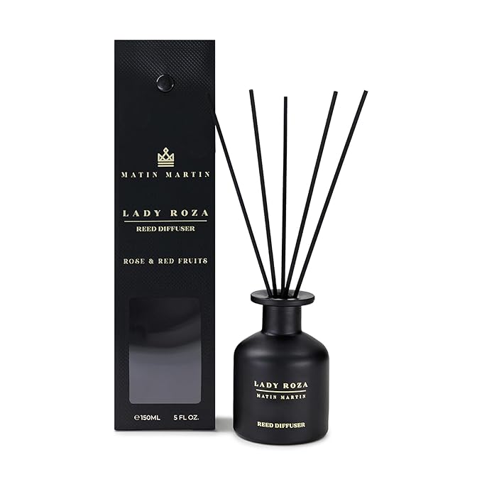 Matin Martin Lady Roza Reed Diffuser 5 oz - Luxury Aromatherapy with Rose & Red Fruits - Home Decor Gift for Bedroom, Office, Living Room, Bathroom - Long Lasting Scent with Premium Fragrance Sticks