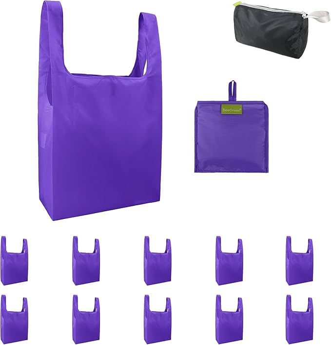 BeeGreen Purple Reusable Grocery Bags Wholesale Purple Reusable Kitchen Bags Bulk Foldable-Machine Washable with Zipper Storage Pouch 10 Packs