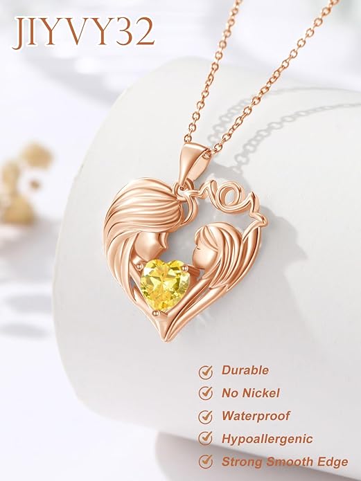 Mother and Daughter/Son Love Heart Necklace White Gold/14K Gold/Rose Gold Birthstone Jewelry Christmas Mothers Day Birthday Gifts For Mom Wife Grandma Women