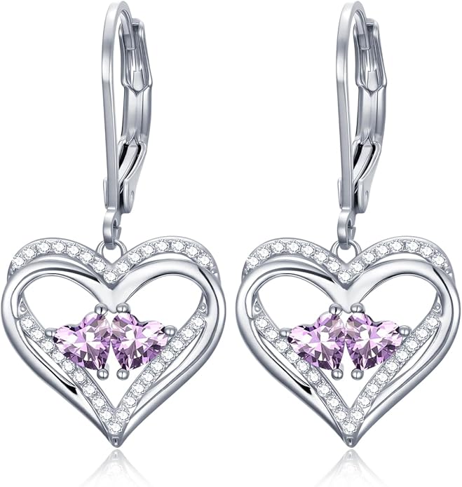 Heart Leverback Earrings Double Birthstone Dangle Earrings for Women, Love Jewelry for Her, Christmas Gifts for Women, Anniversary Birthday Gift for Mom Wife Girlfriend
