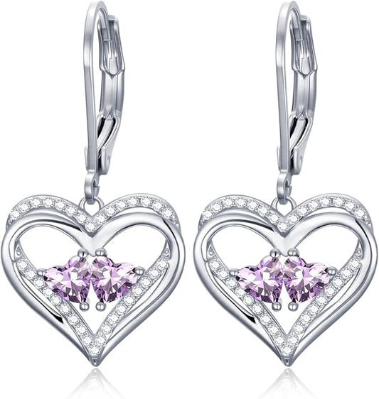Heart Leverback Earrings Double Birthstone Dangle Earrings for Women, Love Jewelry for Her, Christmas Gifts for Women, Anniversary Birthday Gift for Mom Wife Girlfriend