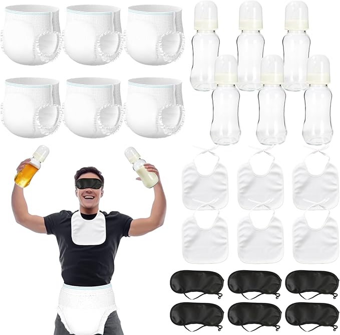 6 Sets Bottle Chug Baby Shower Games Plastic Baby Bottles Hat Disposable Diapers Gender Reveal Games Baby Changing Diaper Race Game Decorations