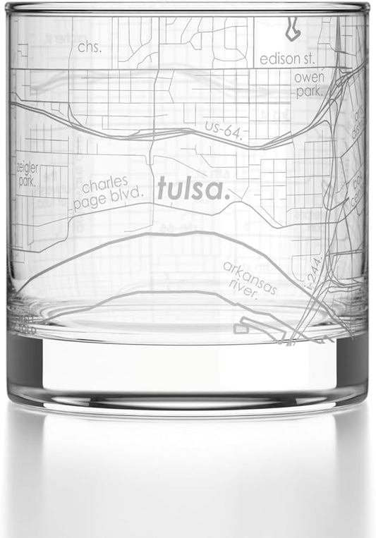 Well Told Engraved Tulsa Oklahoma Map Rocks Glass, Old Fashioned Glassware (11 oz, Clear) Etched Bourbon Tumbler, Gifts For Whiskey Lovers