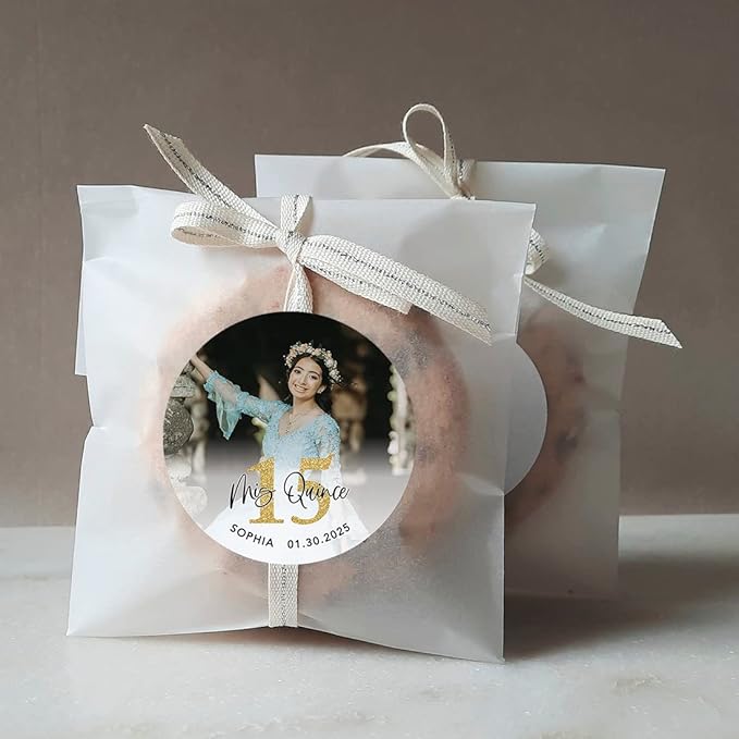Andaz Press 40-Pack Personalized 2" Round Circle Quinceañera Labels, Mis Quince Sticker Labels with Custom Photo for Quince Años Favors Invitations XV, 15th Birthday Quinceanera Decorations
