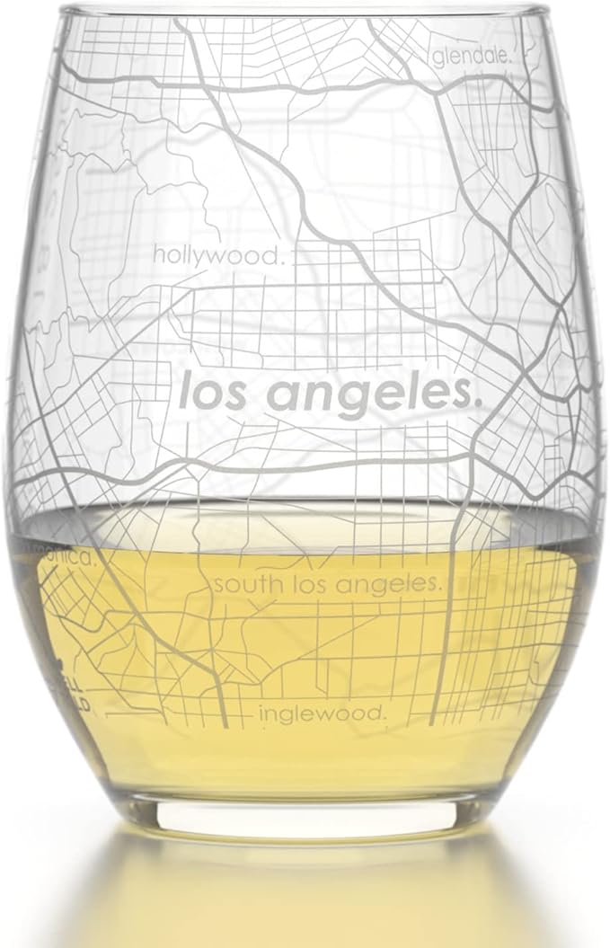 Well Told Engraved Los Angeles California Map Stemless Wine Glass, Etched Glass (15 oz, Clear) City Custom Gifts for Lovers