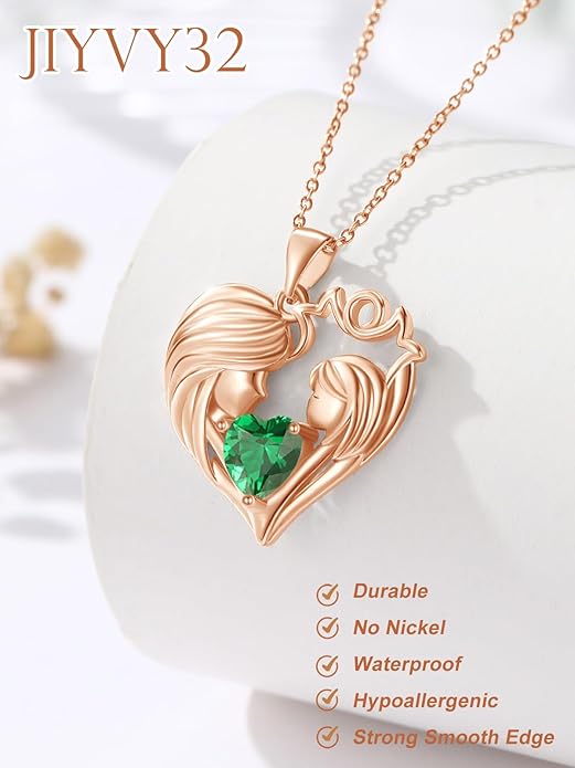 Mother and Daughter/Son Love Heart Necklace White Gold/14K Gold/Rose Gold Birthstone Jewelry Christmas Mothers Day Birthday Gifts For Mom Wife Grandma Women