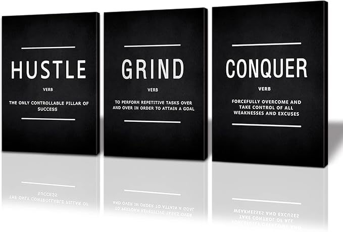 BWSPACE Large Inspirational Wall Art Office Decor Motivational Wall Art Canvas Prints Entrepreneur Bundle Set 3 Pieces Inspirational Grind Hustle Success Conquer Decorations Ready To Hang (72" W x