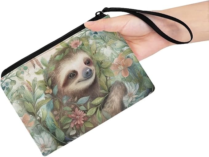 Dolyues Sloth Coin Purse Zipper & Wrist Strap Wallets Womens Change Pouch for Women Girls Organizer Purses Holders Organizer Wallet for Coins/Card/Key