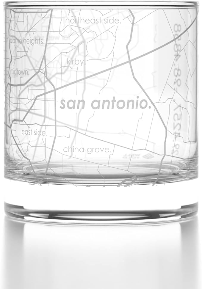 Well Told Engraved San Antonio Texas Map Rocks Glass, Old Fashioned Whiskey Glass (11 oz, Clear) Etched Whiskey Glass, Gifts For Whiskey Lovers