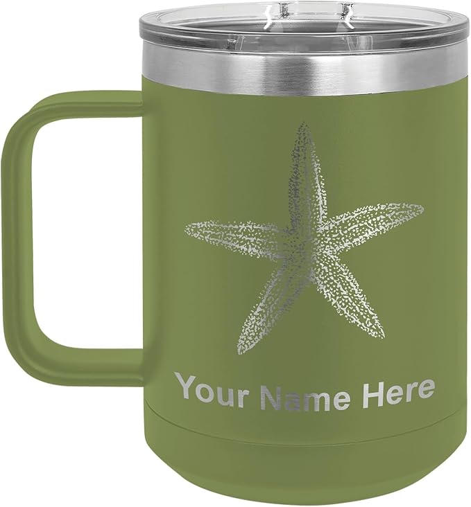 LaserGram 15oz Vacuum Insulated Coffee Mug, Starfish, Personalized Engraving Included (Camo Green)