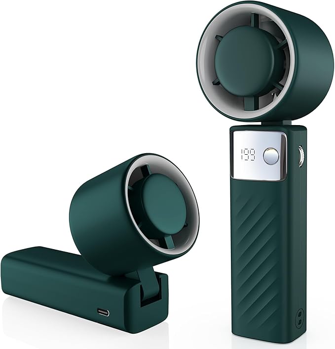 Portable Handheld Turbo Fan - Foldable Mini Fan with Air Turbo Tech, 1-199 Speed Adjustment, 20H Runtime, LED Display, Battery-Powered for Indoor/Outdoor Use Dark Green