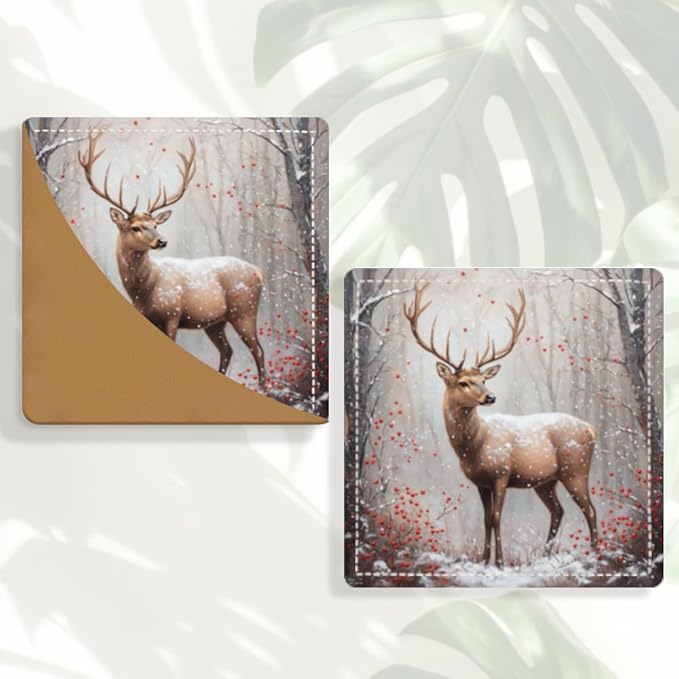 2PCS Leather Bookmarks 3.54 x 3.54 Inch Winter Deer with Red Berries Snow Forest Design Reading Accessories for Books Journals Bibles Travel Diary Students Teachers and Book Lovers Gift