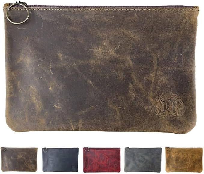 Leather Pouch with Zipper (Whiskey Brown, 10.5" x 7")