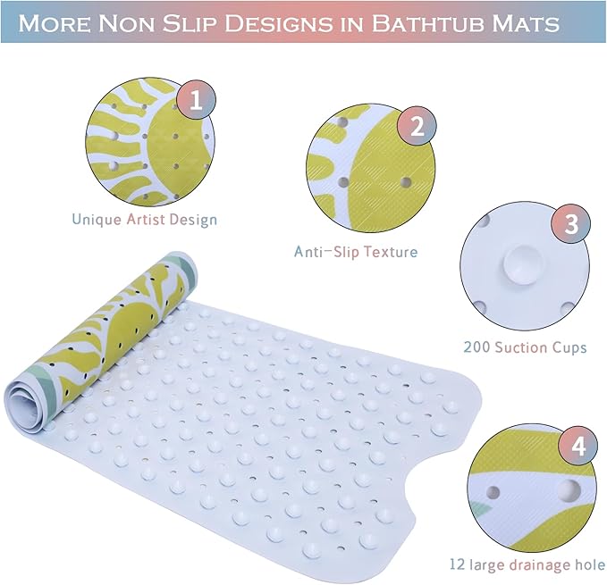 Non Slip Bathtub Mat for Kids Extra Long Anti Slip Bath Mat for Tub Abstract Art Sun Bath Shower Mat with Large Drain Holes and Suction Cups Quality Tropical Palm Tree Design Bathroom Decor 40x16in