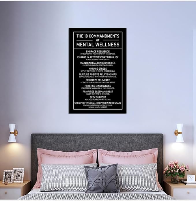 The 10 Commandments Of Mental Wellness Motivational Canvas Wall Art Inspirational Positive Growth Quote Poster Painting Prints for Office Living Room Home Decor Framed Artwork[24''W x 36''H]