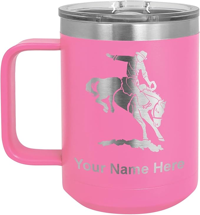 LaserGram 15oz Vacuum Insulated Coffee Mug, Bronco Rider, Personalized Engraving Included (Pink)