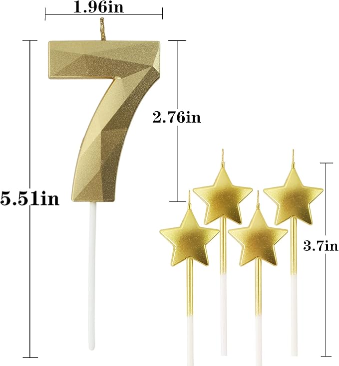 Golden Number 7 & Star 3D Diamond Shaped Birthday Candles - 2.76 inch, Suitable for Parties & Cake Decorations