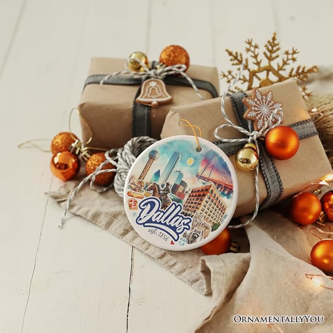 Artistic Dallas Texas Christmas Ornament, Unique Ceramic Keepsake Souvenir and Gift