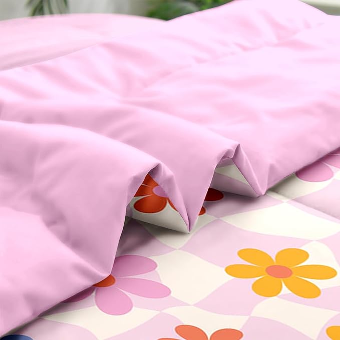 Comforter Set King Size, Retro Daisy Pink 7 Pcs Bedding for Kids and Adults, Hippie Aesthetic Kids Bed Sheet Sets with Fitted Sheet 2 Pillowcases & 2 Shams for Bedroom Bed Decor