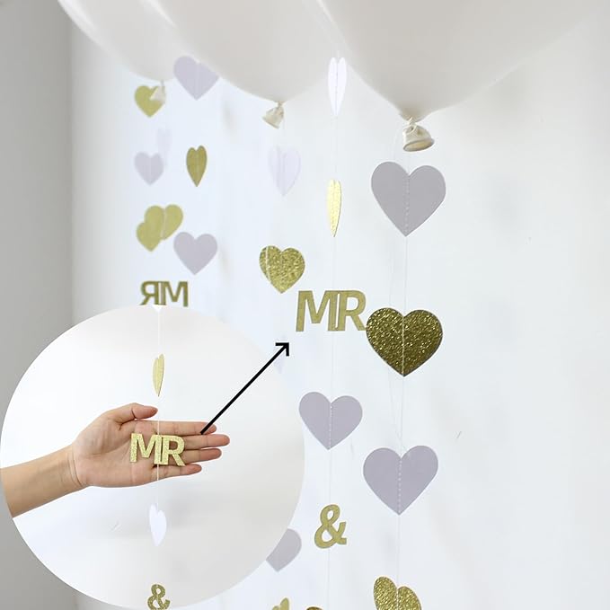 Gold Wedding Party Decorations Gold/White Heart Mr and Mrs Garland with Balloons for Bridal Shower Engagement Bachelorette Party