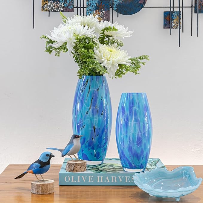Ca D Oro Glass Vase Blue Confetti Hand Blown Murano-Style Art Glass for Flower and Decor - Model Oliva G