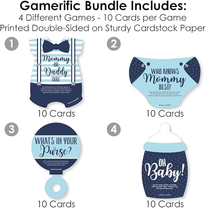 Big Dot of Happiness Baby Boy - 4 Blue Baby Shower Games - 10 Cards Each - Who Knows Mommy Best, Mommy or Daddy Quiz, What’s in Your Purse and Oh Baby - Gamerific Bundle