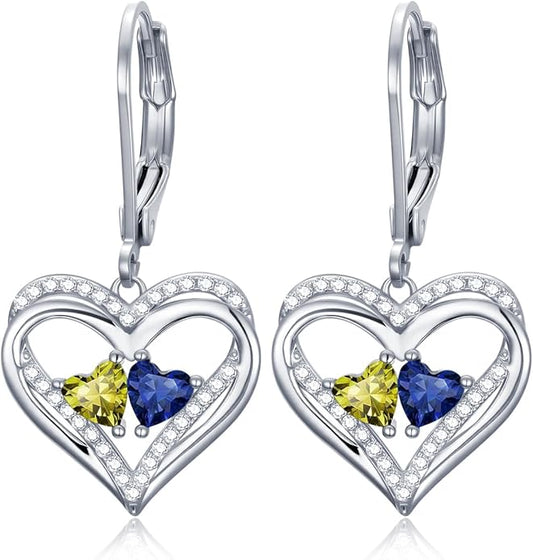 Heart Leverback Earrings Double Birthstone Dangle Earrings for Women, Love Jewelry for Her, Christmas Gifts for Women, Anniversary Birthday Gift for Mom Wife Girlfriend