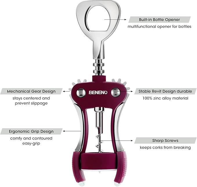 Beneno Wine Opener, Zinc Alloy Premium Wing Corkscrew with Multifunctional Bottles Opener, Sharp Wine Corkscrew with Ergonomic Non-Slip Wing Handle, Purple