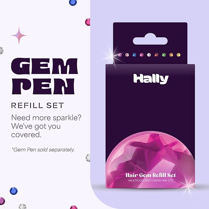 Hally Hair Gems Pen Refill Set - Includes 180 Multicolored Adhesive Gem Stickers Hair Jewels - Stylish Hair Accessories for School, Halloween, Festivals, Wedding, Parties & More