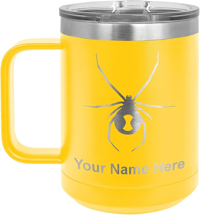 LaserGram 15oz Vacuum Insulated Coffee Mug, Widow Spider, Personalized Engraving Included (Yellow)