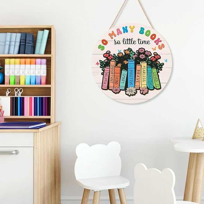 CHDITB Reading Book Wooden Hanging Sign, Colorful Inspiration Saying Books Wooden Plaque, Library Wood Sign for Bookish, So Many Books So Little Time Wall Hanging for Read Corn Classroom Decor