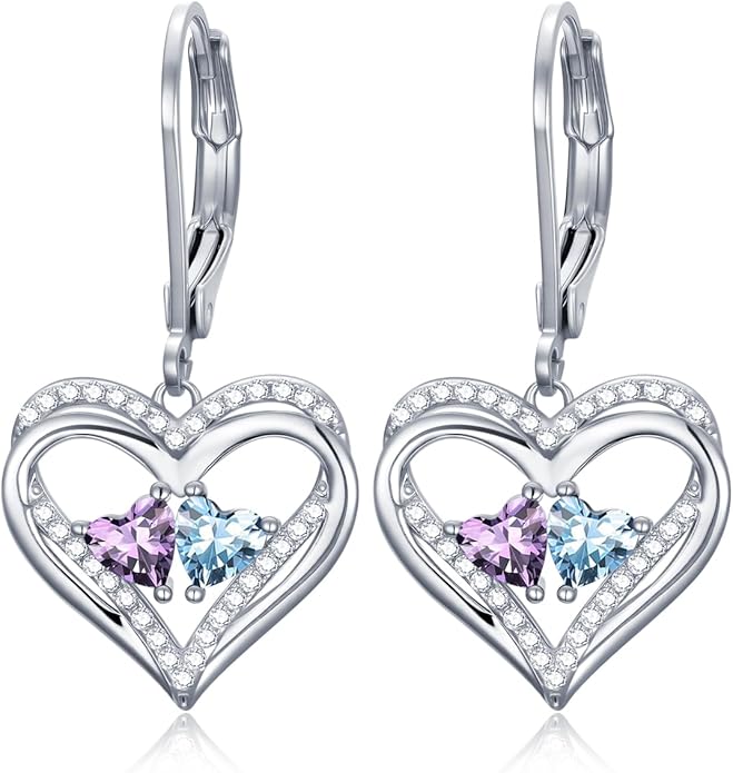 Heart Leverback Earrings Double Birthstone Dangle Earrings for Women, Love Jewelry for Her, Christmas Gifts for Women, Anniversary Birthday Gift for Mom Wife Girlfriend