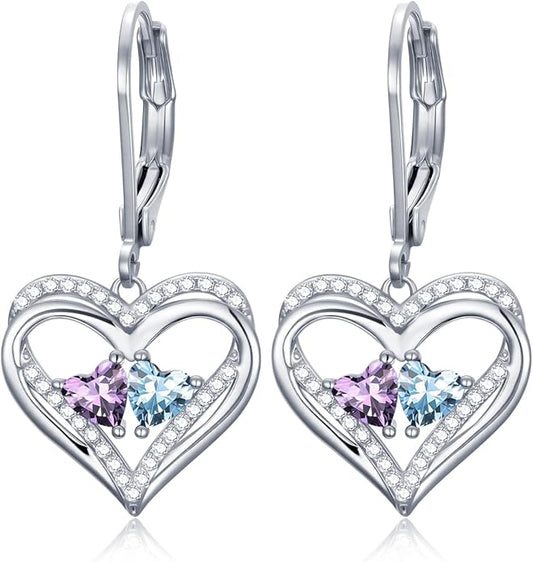 Heart Leverback Earrings Double Birthstone Dangle Earrings for Women, Love Jewelry for Her, Christmas Gifts for Women, Anniversary Birthday Gift for Mom Wife Girlfriend