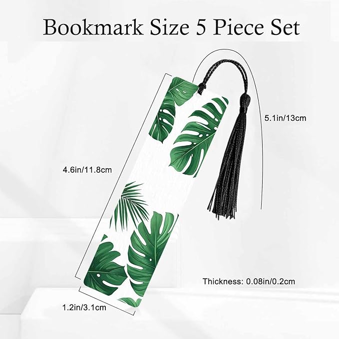 Tropical Leaves Bookmarks Set 5 with Tassels Summer Palm Green Leaf Wooden Bookmarks for Reading Women Men Students Teachers School Supplies