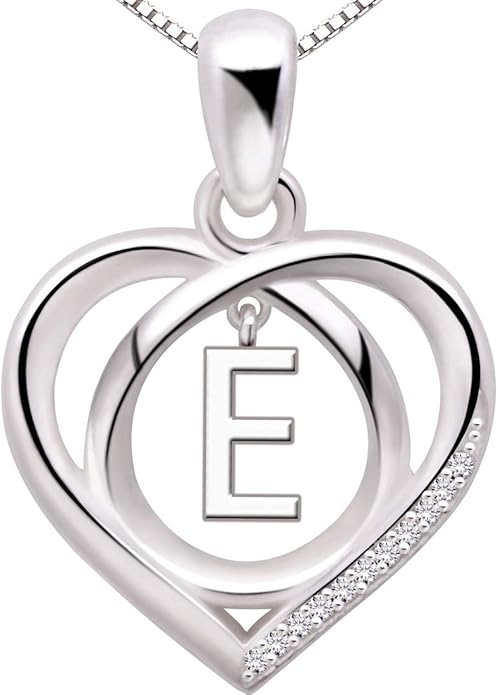 ALOV Jewelry Sterling Silver Initial Letter Alphabet Love Heart Cubic Zirconia Pendant Necklace