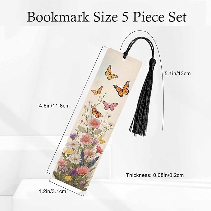 Butterflies Bookmarks 5 Pcs with Tassels Wildflower Summer Retro Pink Wooden Bookmarks for Reading Women Students Teacher Reader