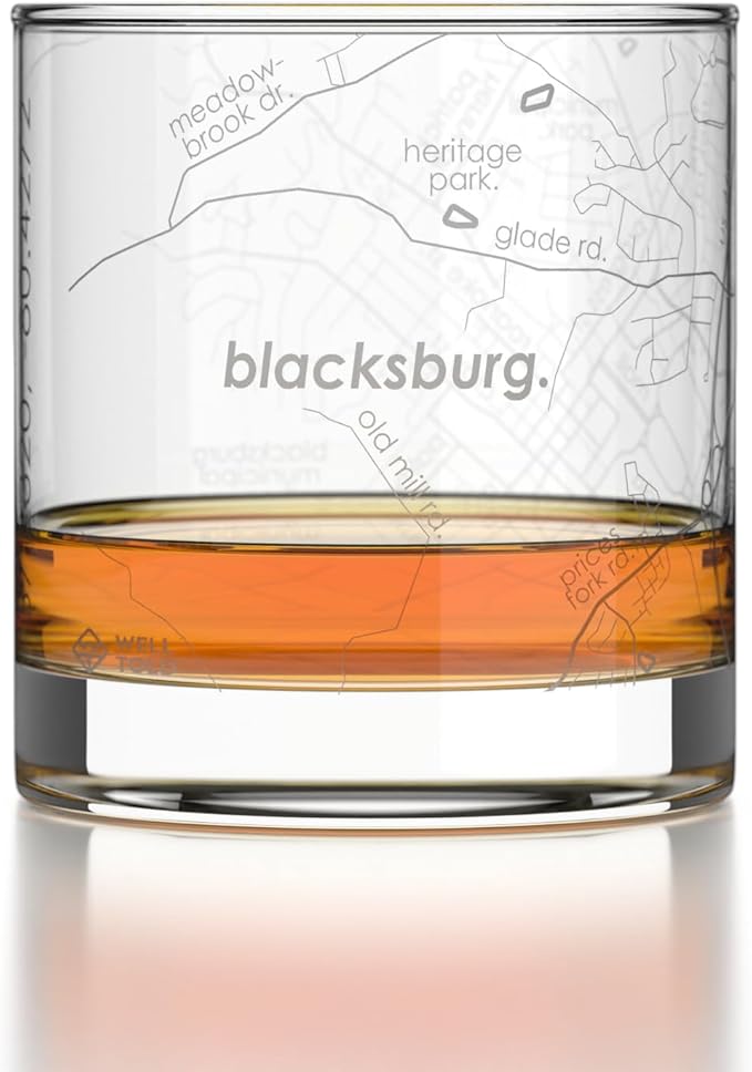 Well Told Engraved Blacksburg Virginia Map Rocks Glass, Old Fashioned Glassware (11 oz, Clear) Etched Bourbon Tumbler, Gifts For Whiskey Lovers