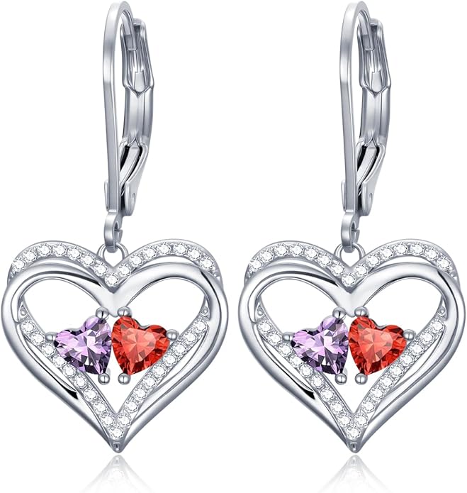 Heart Leverback Earrings Double Birthstone Dangle Earrings for Women, Love Jewelry for Her, Christmas Gifts for Women, Anniversary Birthday Gift for Mom Wife Girlfriend