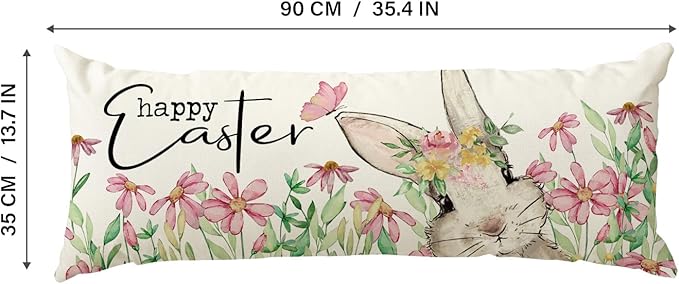 AVOIN colorlife Easter Floral Garland Bunny Long Lumbar Throw Pillow Cover, 14 x 36 Inch Spring Rabbit Long Body Pillow Case for Bed Sofa Bench
