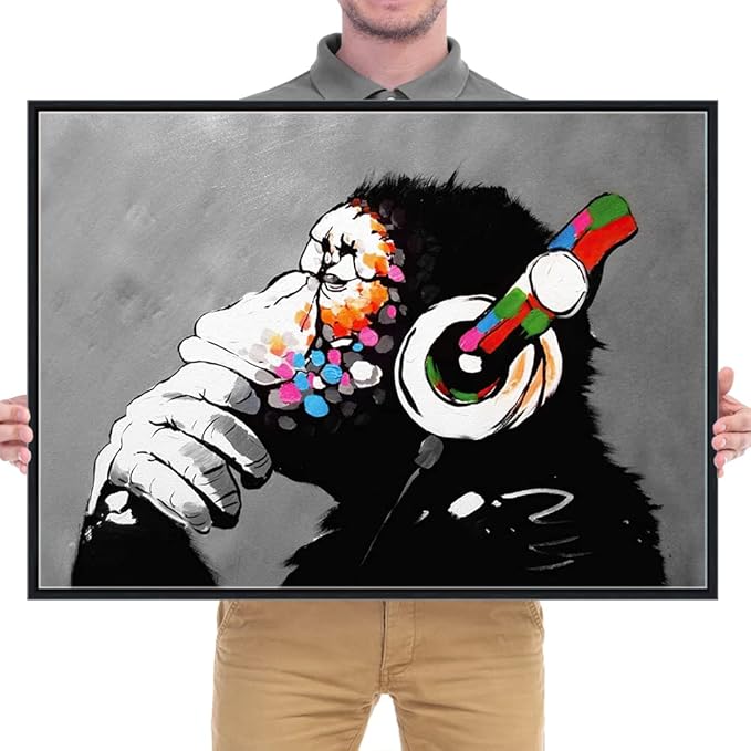 Wieco Art Black Framed Monkey With Headphones Banksy Graffiti Art Abstract Canvas Painting Posters and Prints Animal Canvas Wall Art for Wall Decor and Home decorations