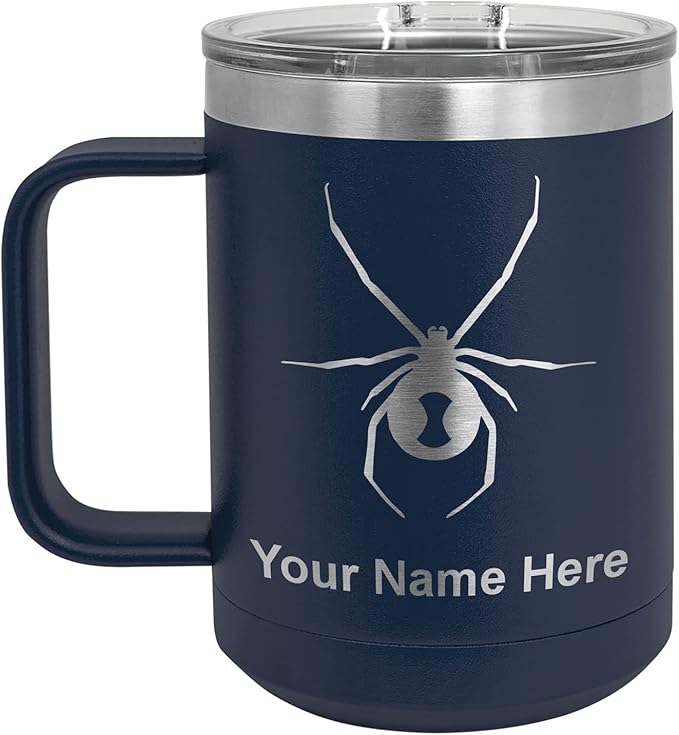 LaserGram 15oz Vacuum Insulated Coffee Mug, Widow Spider, Personalized Engraving Included (Navy Blue)