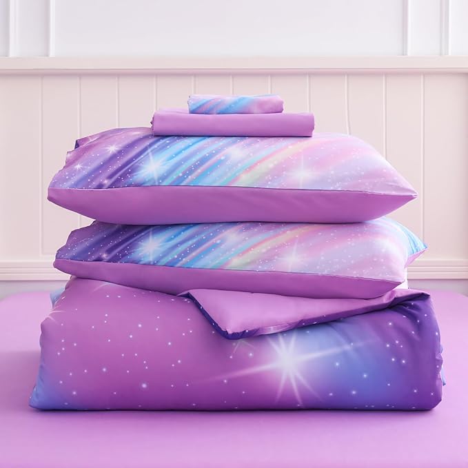 Rainbow Bedding Set Twin Size – 7 Piece Reversible Girls Comforter with Deep-Pocket Sheet, Gradient Galaxy Design, Whole-Piece Filling, Machine Washable Bed-in-a-Bag for Kids Room Makeover & Gifts
