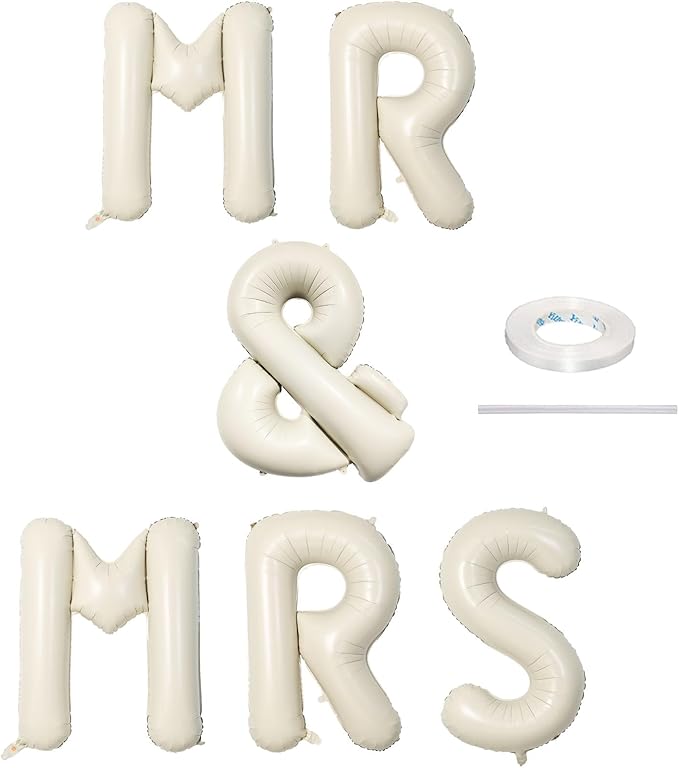 40 Inch Beige MR & MRS Balloons for Wedding Decor, Large Cream Mr and Mrs Foil Balloon Letter, Ivory White Sand Mr to Mrs Banner Sign for Bride Groom Engagement Couple Sweetheart Party Decorations