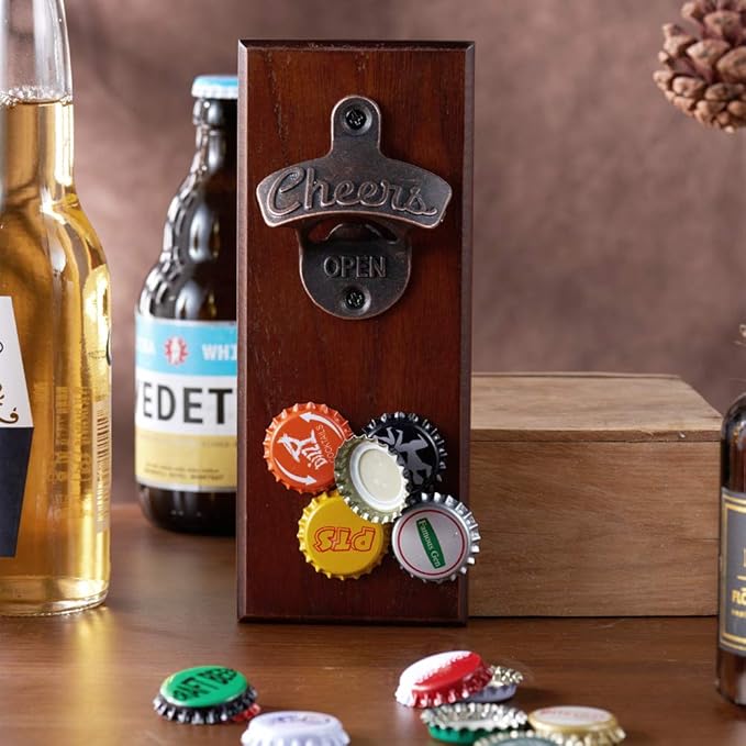 Magnetic Bottle Opener with Cap Catcher, Wooden Wall Mounted Opener, Ideal Gift for Men Dad and Beer Lovers, Use as Kitchen-Yard-Bar Decoration.