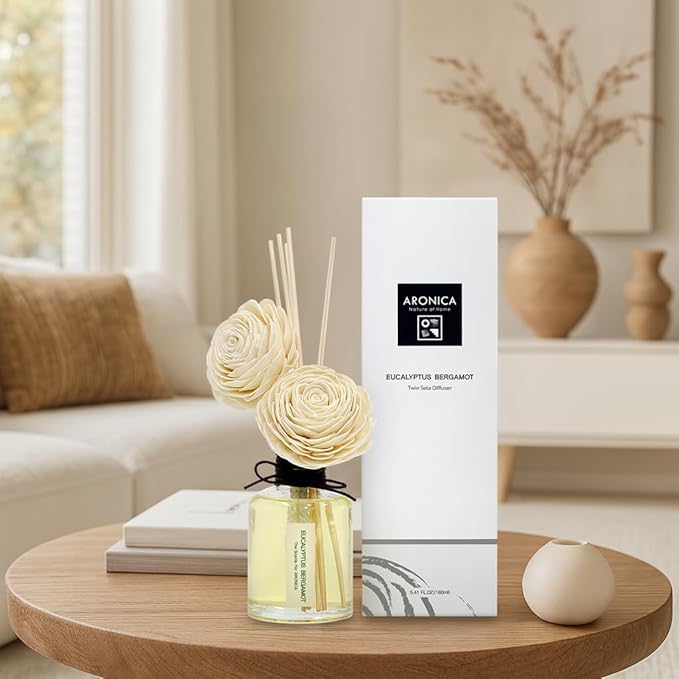 Aronica Twin Sola Diffuser 160ml_Eucalyptus and Bergamot Essential Oil Sticks, Non Toxic Reed Diffusers for Home, Natural Gift for Men, Rosemary Aromatherapy