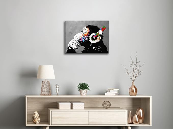 Wieco Art Monkey With Headphones Banksy DJ Chimp Pop Art Cool Ape Abstract Canvas Prints Wall Art Paintings for Living Room Bedroom Home Decorations Stretched Artwork for Office Decor
