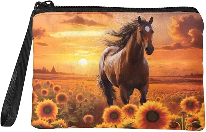 Dolyues Small Coin Purse Horse Sunset Mini Wallet Sunflower Print Coin Pouch Change Purse for Women Girls Coin Pocket Mini Money Bag